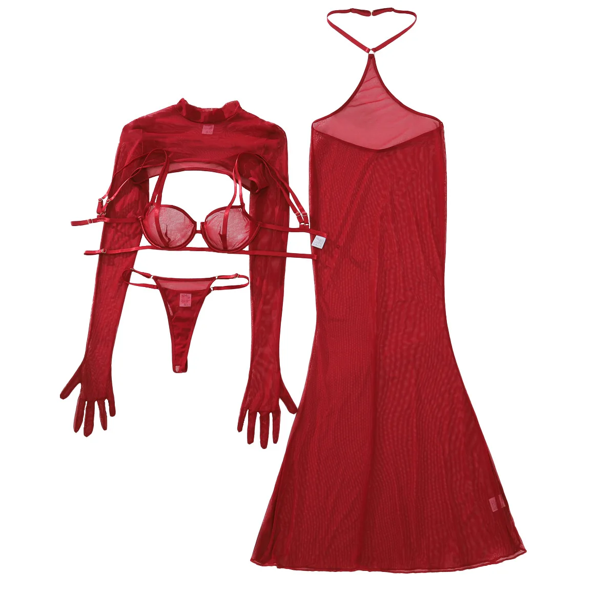 Adult Women's Sex Suit Wine Red Stylish Backless Halter Suit Fishtail Dress Shaping Sexy Underwear Wedding Party Festival Set