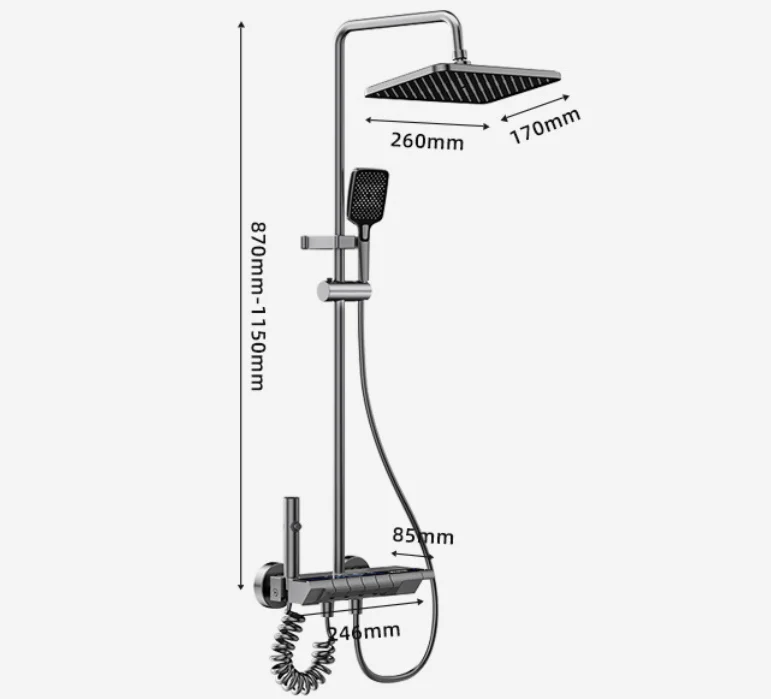 Modern Copper Wall Mounted Piano Shower System Faucet Set with Rainfall and Soft Spray Patterns Slide Bar for Bathroom Use