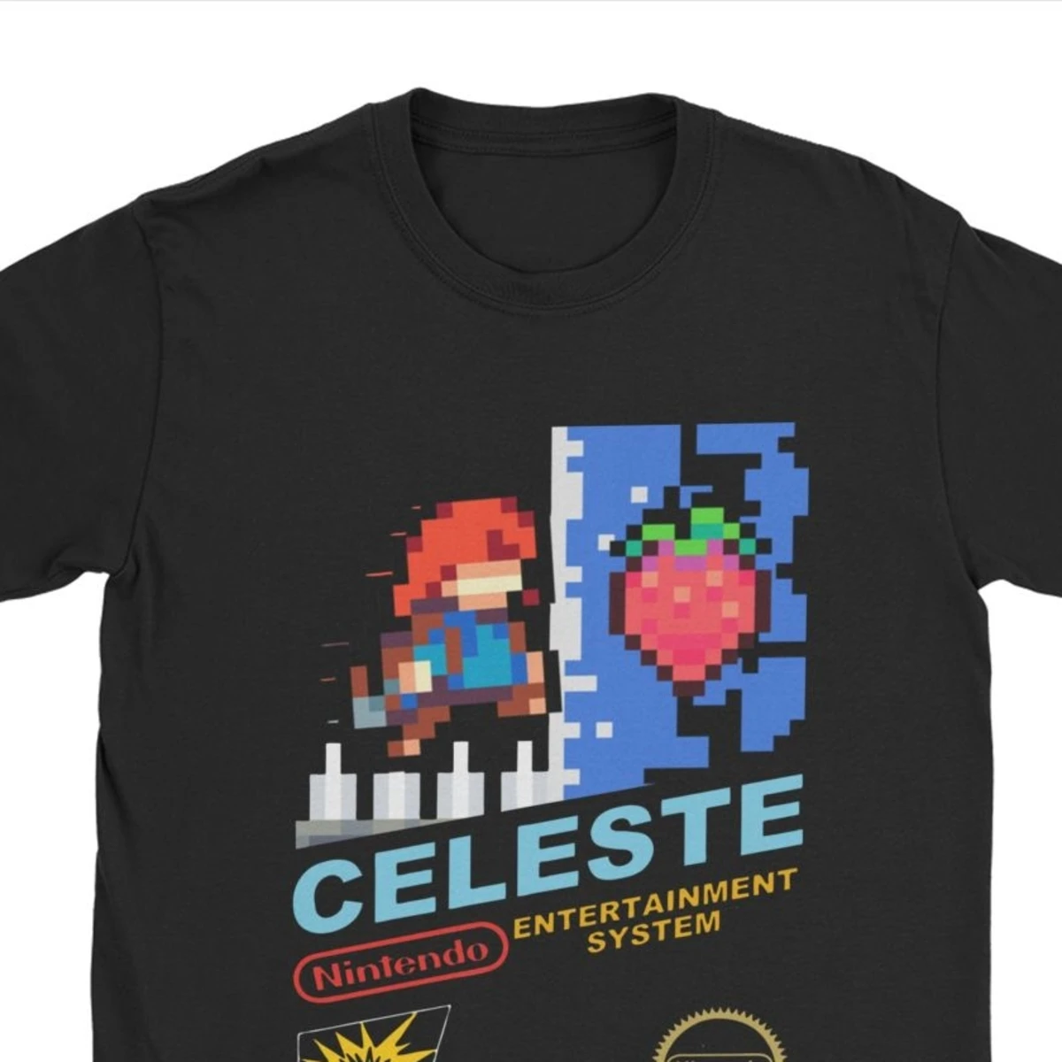 Celeste NES Cover Tee Shirts Men Madeline Pixel Video Game Strawberry Vintage Cotton Tee Shirt Crew Neck Tshirts Gift Tops