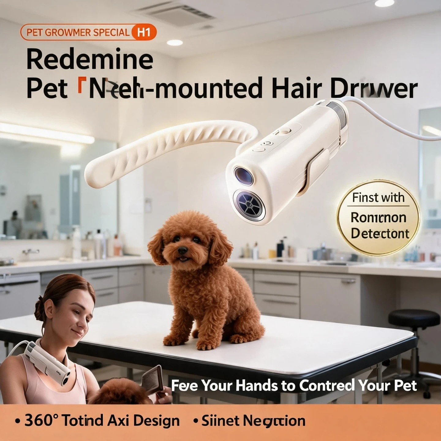 Pet Neck Hanging Blow Dryer, Quiet Negative Ion Fur Blower for Dogs & Cats, Built-in Ringworm Detector Light for Pet Skin Check