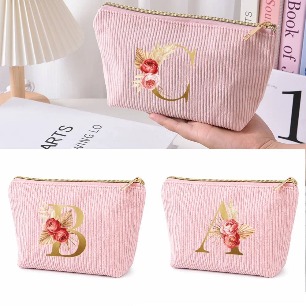 Corduroy makeup bag, letter print, large-capacity travel organizer, portable toiletries bag, pencil case, holiday gift