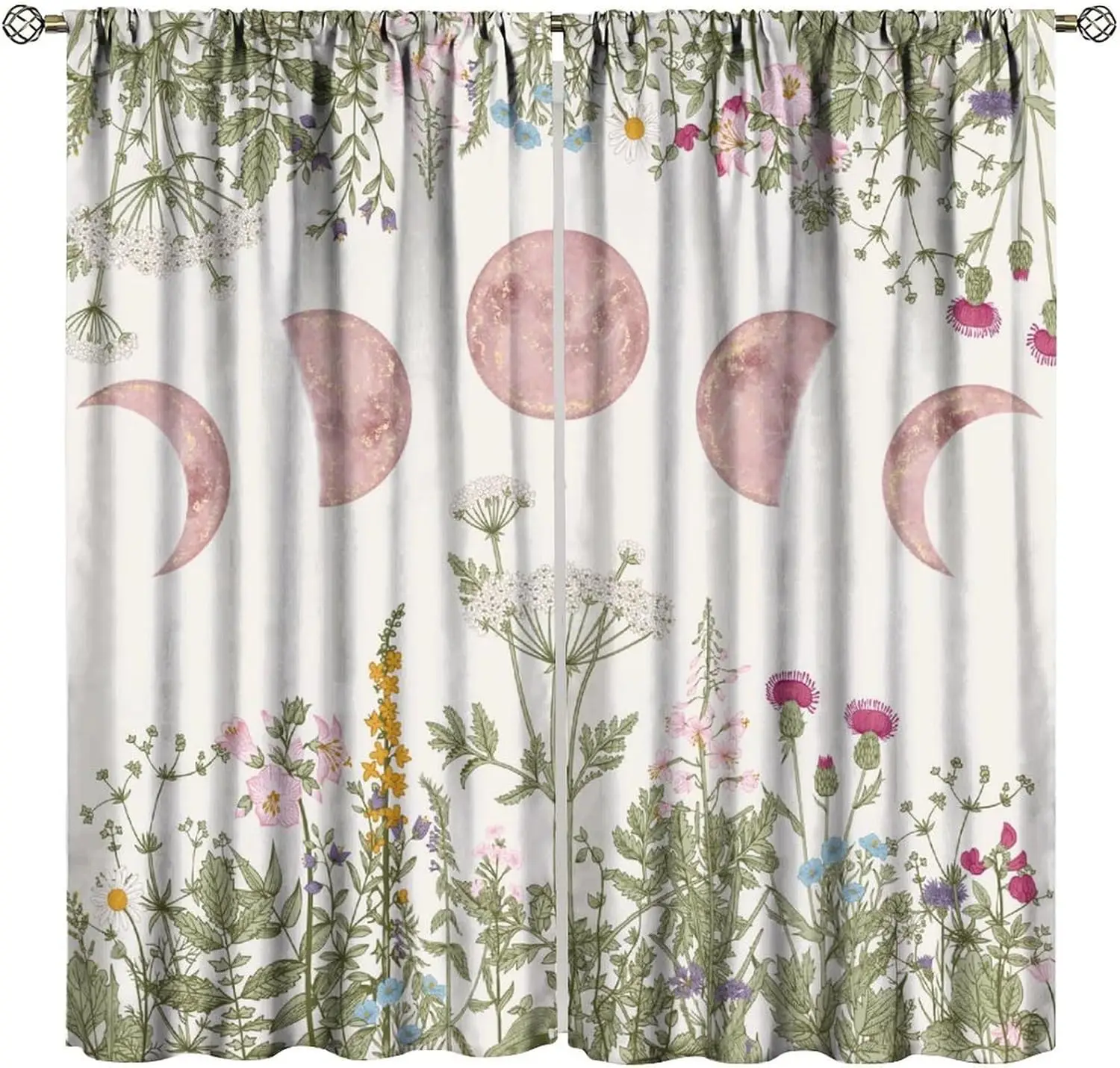 Witchy Moon Phase Curtains Rustic Vintage Wildflower Plant Leaves Botanical Herbs Pink Moon Phase Print Window Drapes for Living