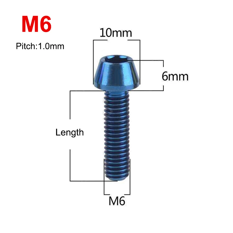 1pc Titanium Bolt M6 x 10 16 18 20 25 30 35 40 45 50 55 60 65mm Allen Key Taper Head Bolt Screw for Bicycle Stem Seatpost