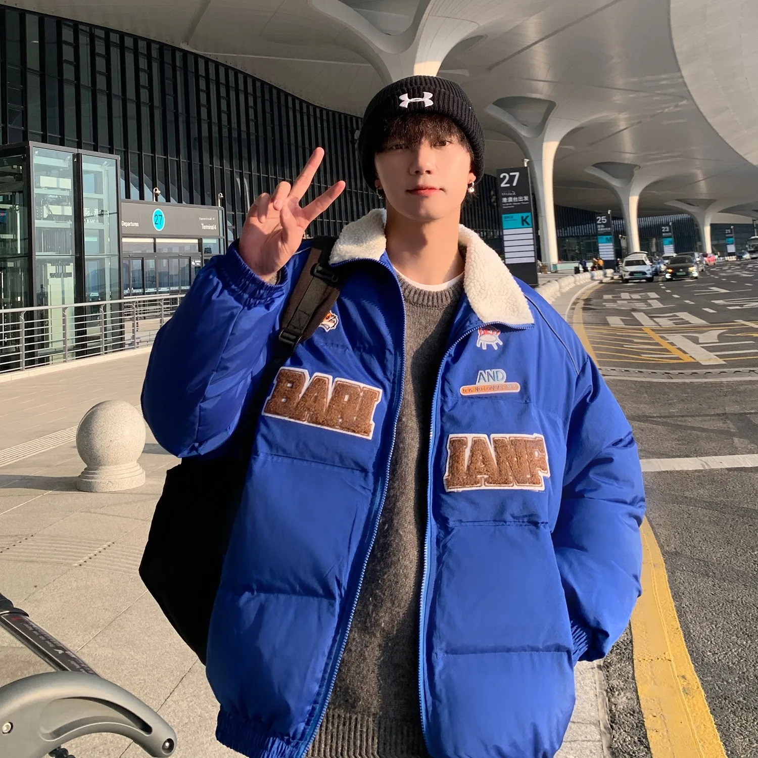 

Winter Thiened Men's Cotton Jaet American Casual Motorcycle Sle Bread Coat Loose Fit Youth Faion Stand Collar Zipper ...