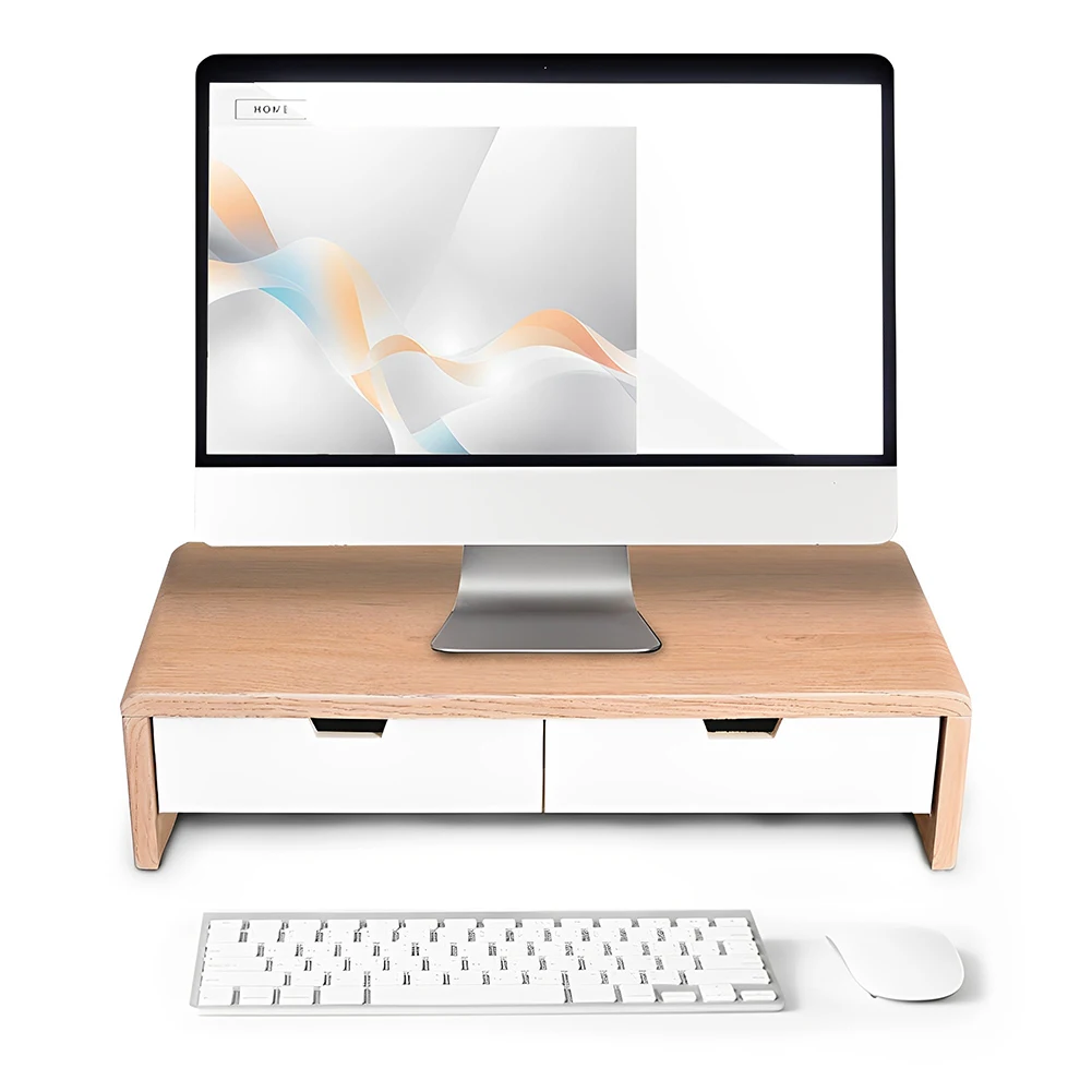 Wooden Exquisite Monitor Stand with Cable Management with 2 Drawers Computer Arm Riser Desk Storage Organizer for PC Screen IMac