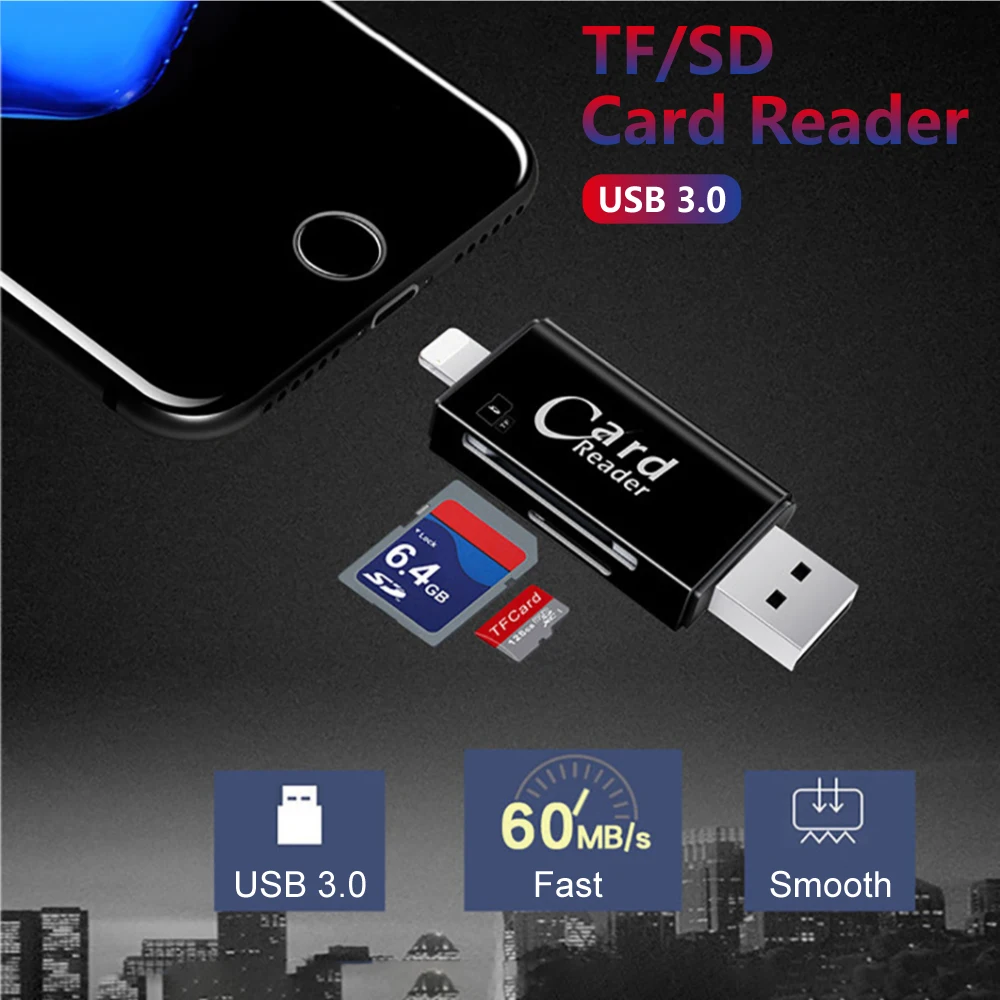 Czytnik kart SD i TF 3 w 1 z adapterem USB do aparatu, czytnik kart do iPhone'a i iPada, port microUSB