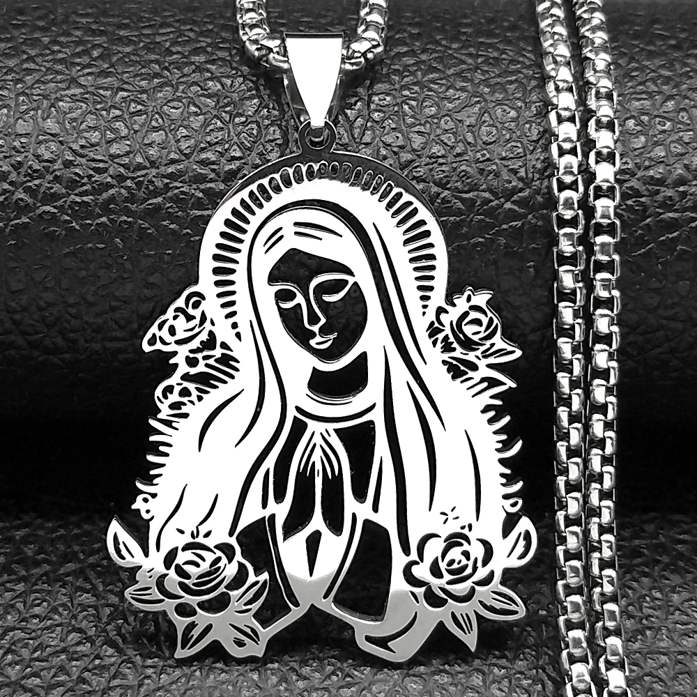 Guadalupe Virgin Mary Flower Chain For Women Men Stainless Steel Silver Color Our Lady Mother Catholic Pendant Necklaces Jewelry