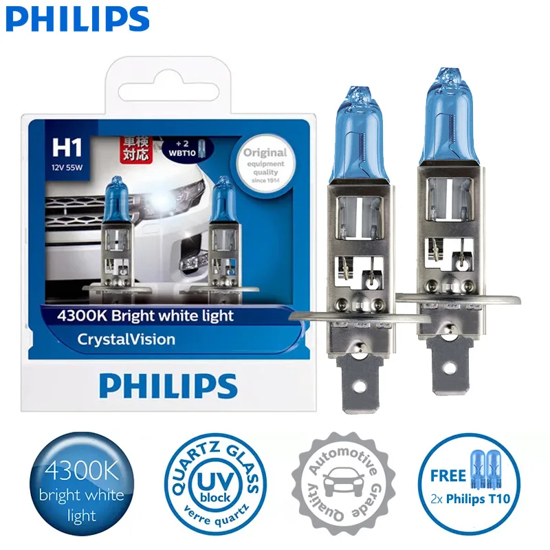 PHILIPS H1 Crystal Vision 12V 55W P14.5s 4300K Bright White Color Genuine Halogen Headlight Car Bulbs Auto Lamps 12258CVSM, Pair