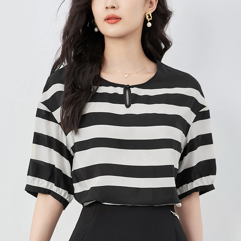 

100% Real Silk Elegant Shirts & Blouses For Women 2024 Summer Half Sleeve Striped Shirt Women's Clothing Blouse Loose Tops