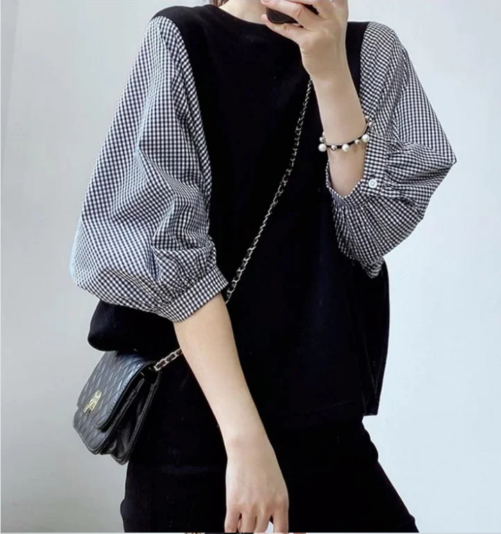 

Loose T-irt Patchwork Design Summer New Sle Sweet Japanese Sle round Ne Seven Sve Women's Casual Faion Top