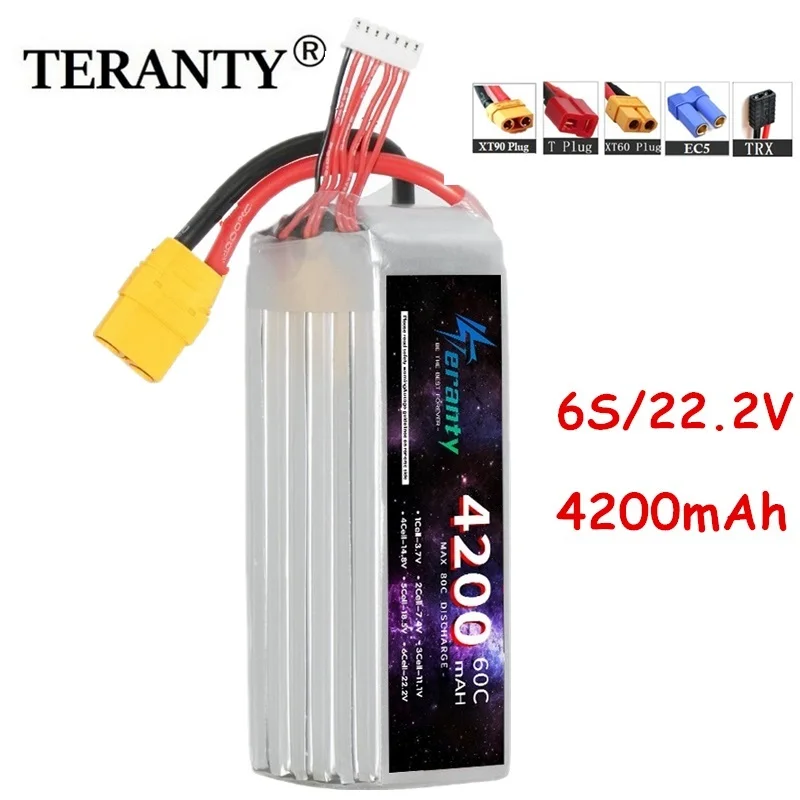 Teranty Lipo Battery 4200mAh 6S 22.2V 60C For Aircraft Model Drone Quadcopter High Power With DeansT XT60 XT90 TRX Connector