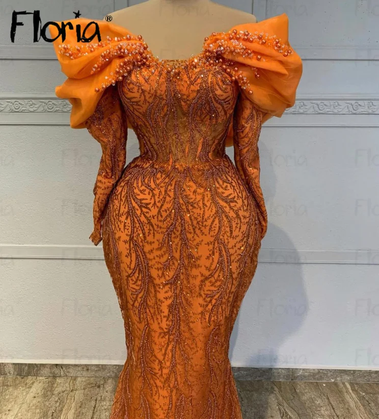 Aso Ebi Glitter Orange Party Dress Luxury Women Wedding Dinner Night Gowns Off Shoulder Long Sleeve Mermaid Birthday Gowns 2024