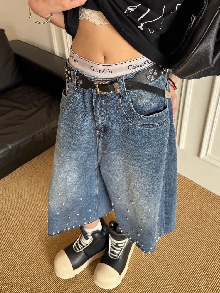 

Летние повседневные джинсовые джинсы с жемчужным дизайном High Street Vintage Waed ort Pants ex American Sle Широкие джинсы свободного покроя