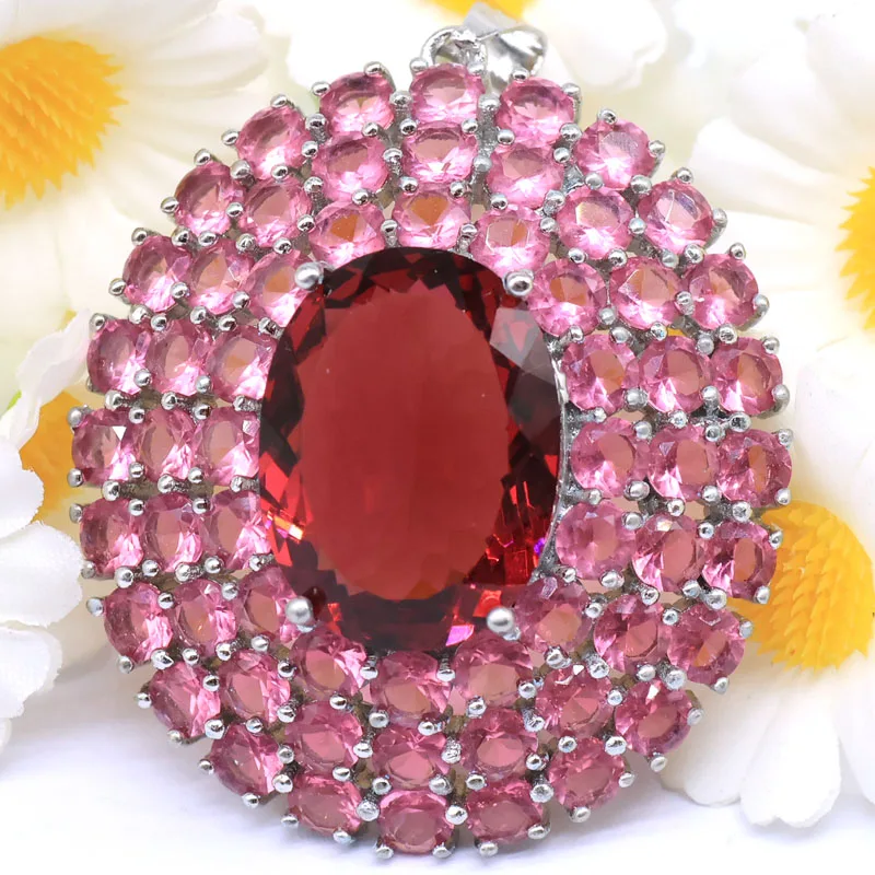 49x37mm Multi Color Big Size Created Pink Tourmaline Peridot Citrine Violet Tanzanite CZ Woman's Dating Silver Plated Pendant