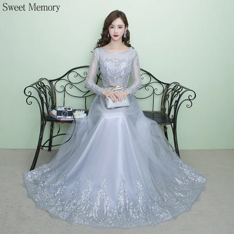 

S9127 Long Sleeves Silver Grey Evening Dress Girl Illusion O-Neck Lace Tulle Cocktail Wedding Party Formal Dresses Women