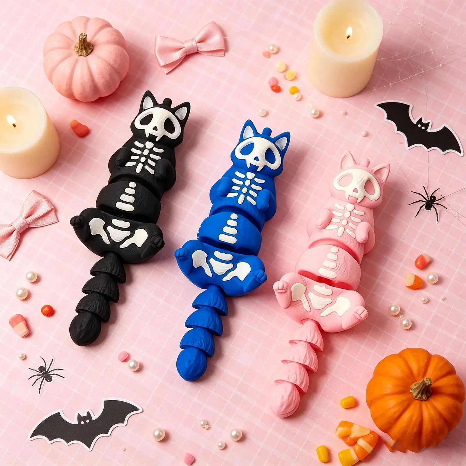 Articulated Cat Keychain 3 Pieces Flexible Joints Pendant Decoration Articulated Cat Skeleton Keychain For Keys Backpacks