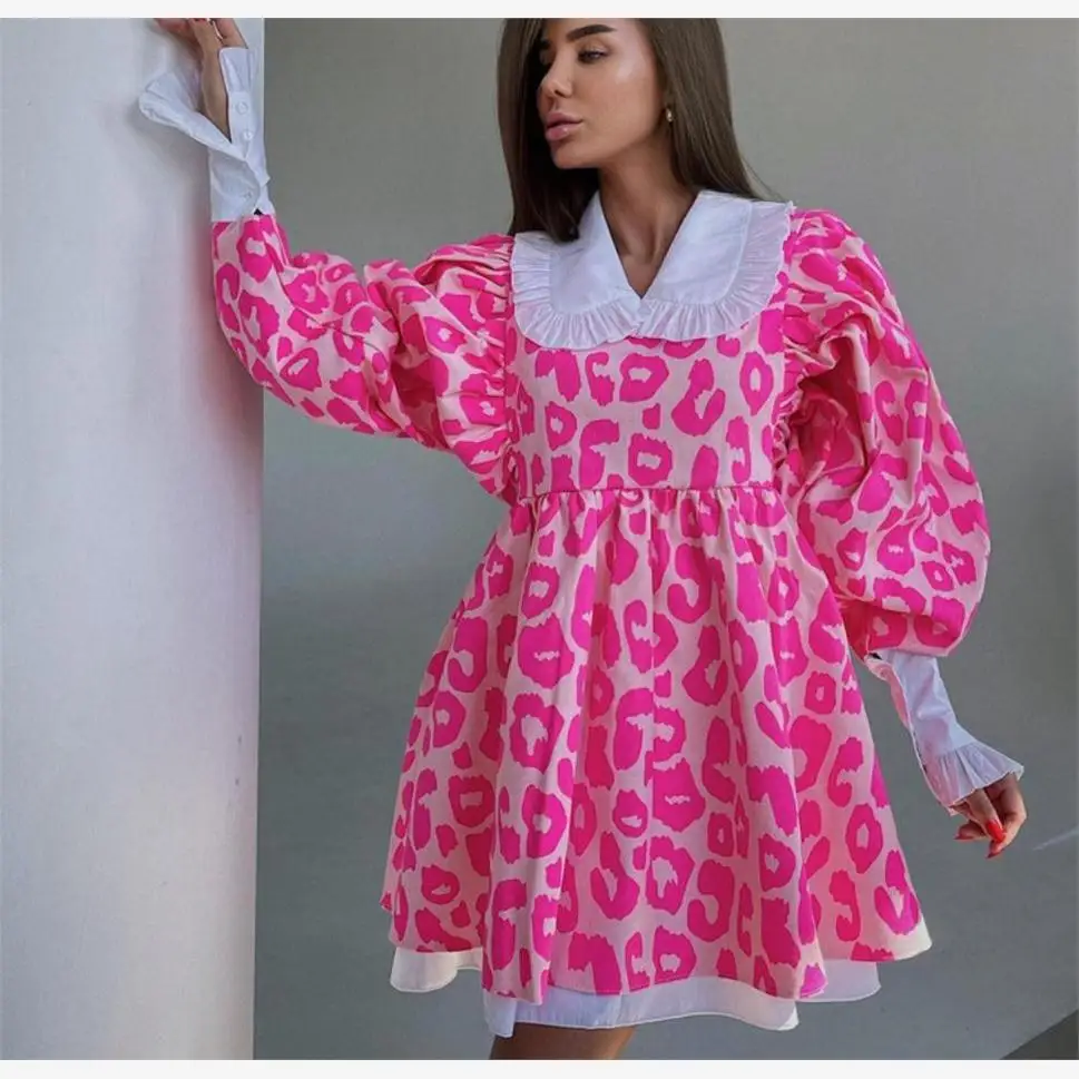 Princess Style Doll Collar Print Dress High Waist Lantern Sleeve A-Line Short Skirt Long Sleeve Zipper Closure Spring Autumn