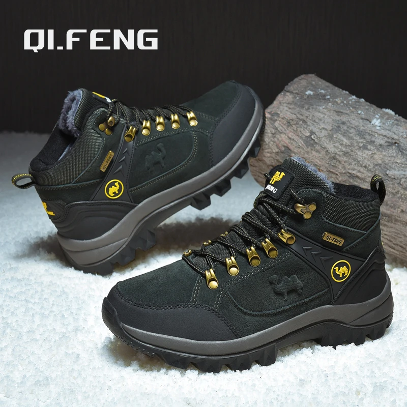 Classic Men Winter Boots Genuine Leather Sneakers For Man Fur Plush Snow Shoes Warm Outdoor Ankle Boots Outdoor Hiking Footwear