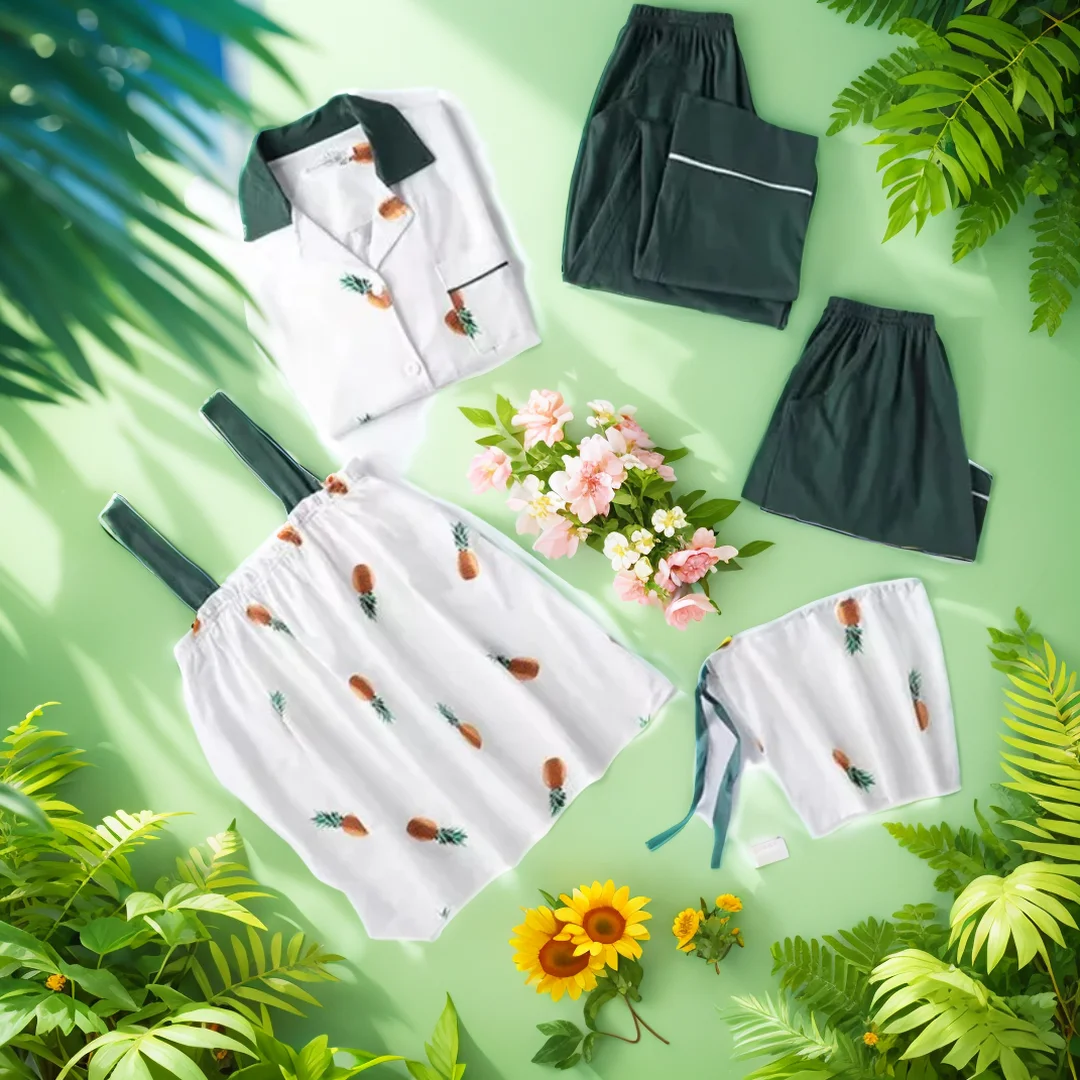 Plus Size Women's 7-Piece Cotton Pajama Set - Cartoon Print Long Sleeve Top & Soft Bottoms, Cozy Loungewear