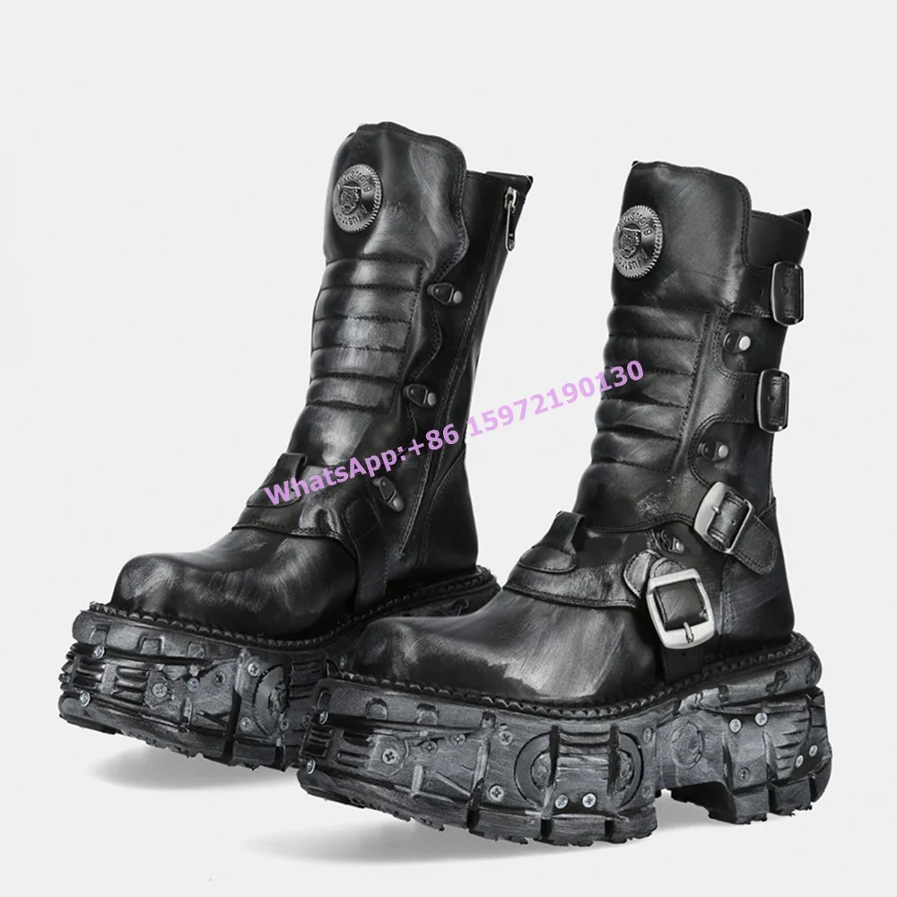 

Thick Soled Punk Ankle Boots Platform Round Toe Dark Punk Motorcycle Shoes Distress Buckle Belt Couples Fashion Long Boots