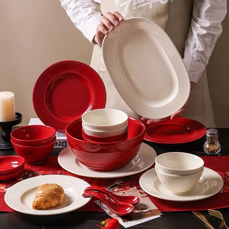 2025 French Embossed Dot Tableware Set High Gloss Ceramic Bowls Plates Full Set Under Glaze Dinnerware