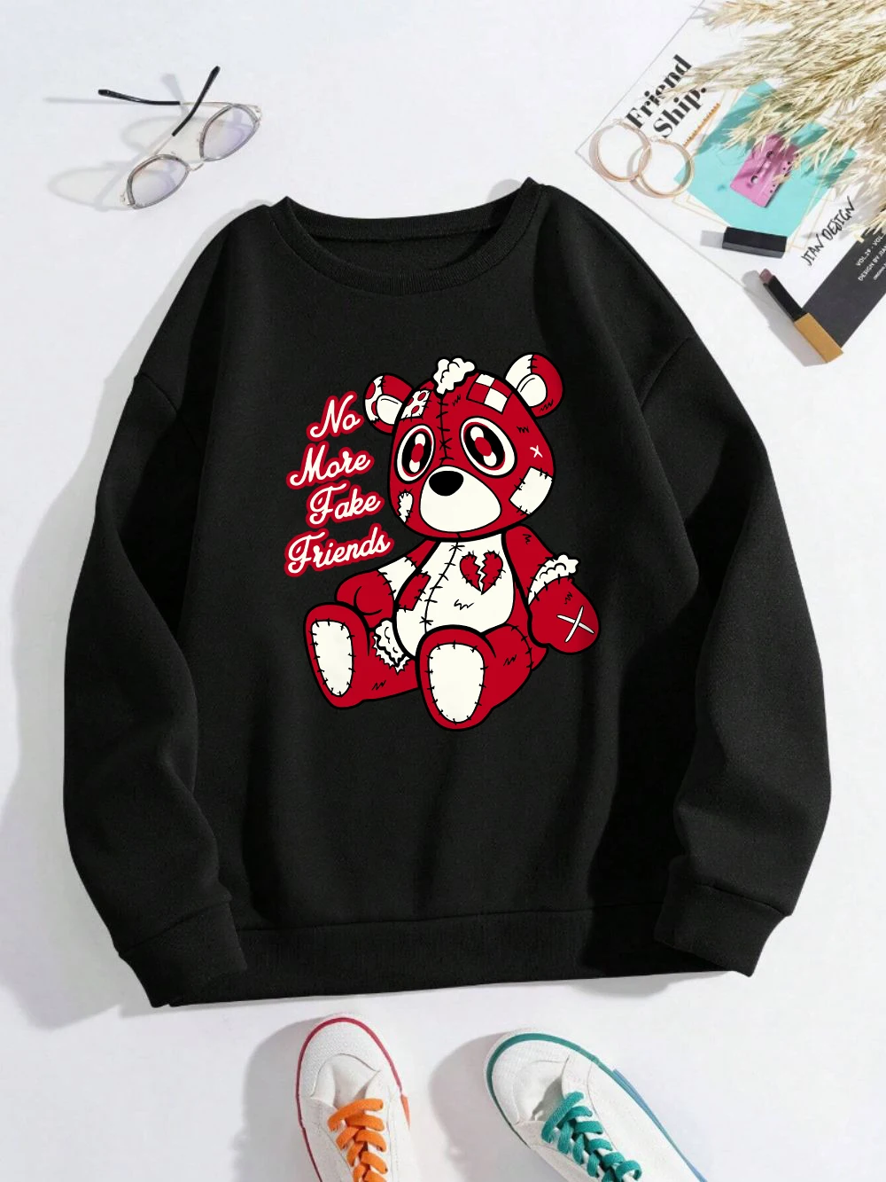 No More Fake Friends Sweatshirts Women Cartoons Bear Printed Hooded Fleece Warm Crewneck Loose Pullover Winter Female Clothes