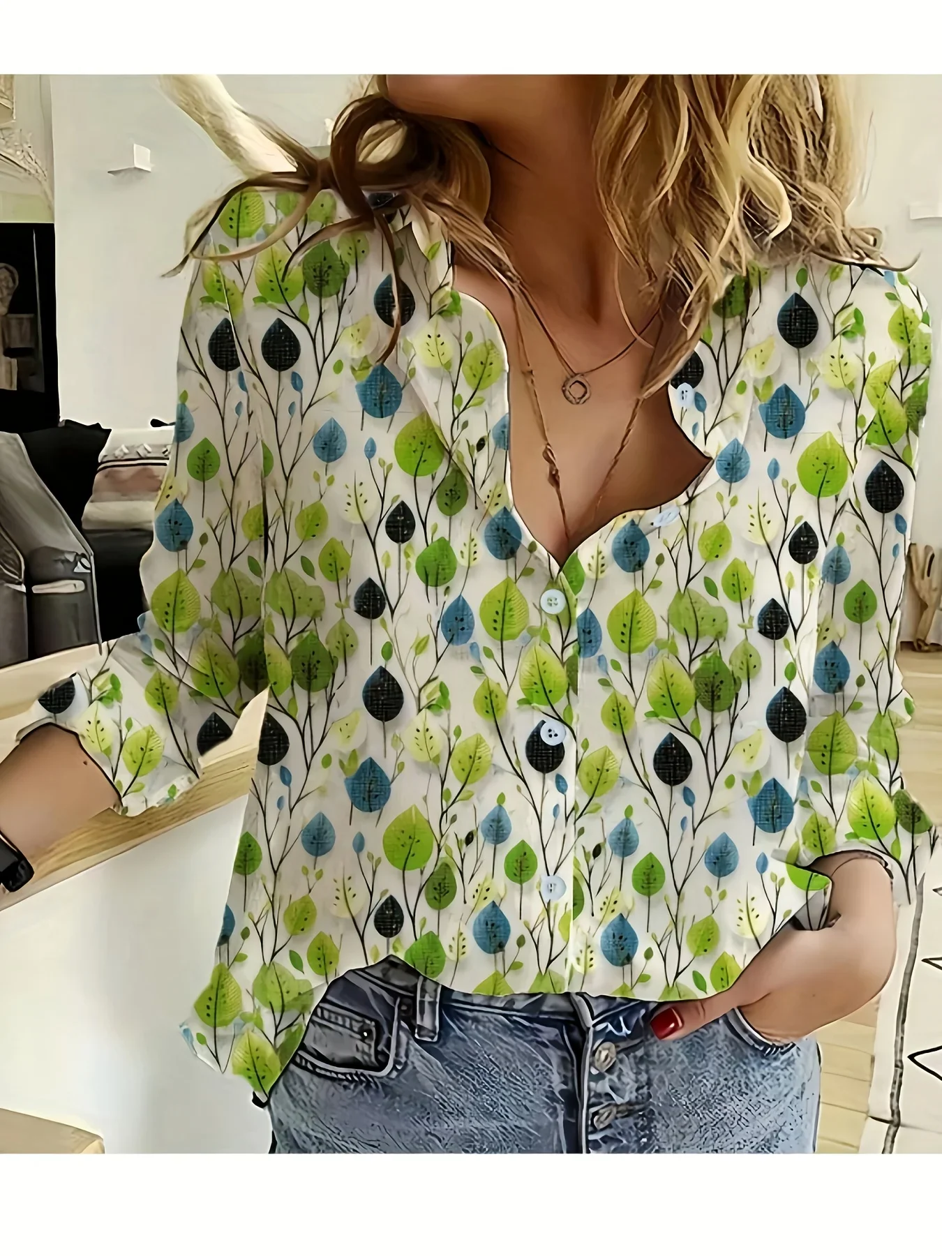 

V-Neck Long Sleeve Leaf Print Blouse, Casual Loose Fit Boho Shirt, Lightweight Summer Floral Top for Women