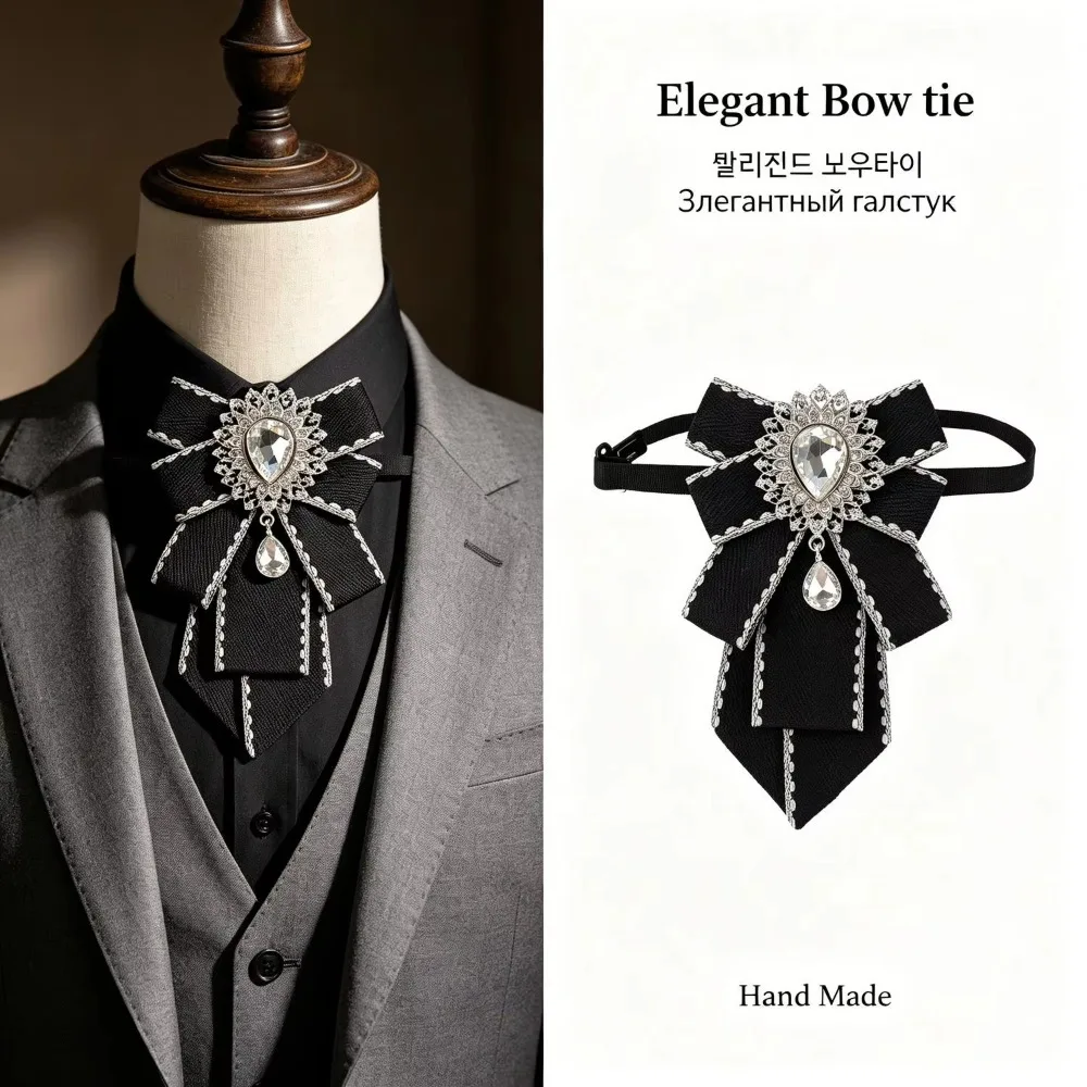 Men's Rhinestone Ribbon Bow Tie Wedding Cravat Stage Groom Necktie Suit Shirt Collar Pins Jewelry Accessory