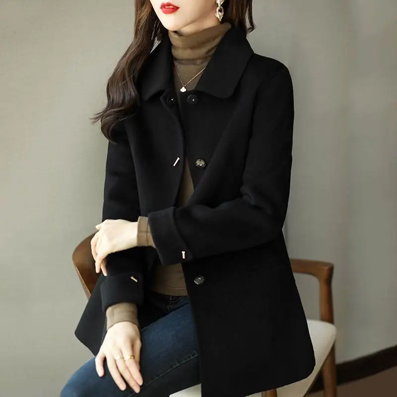 Fashion Korean Style Slim and Versatile Temperament Polo Collar Single-breasted Woolen Jacket for Women