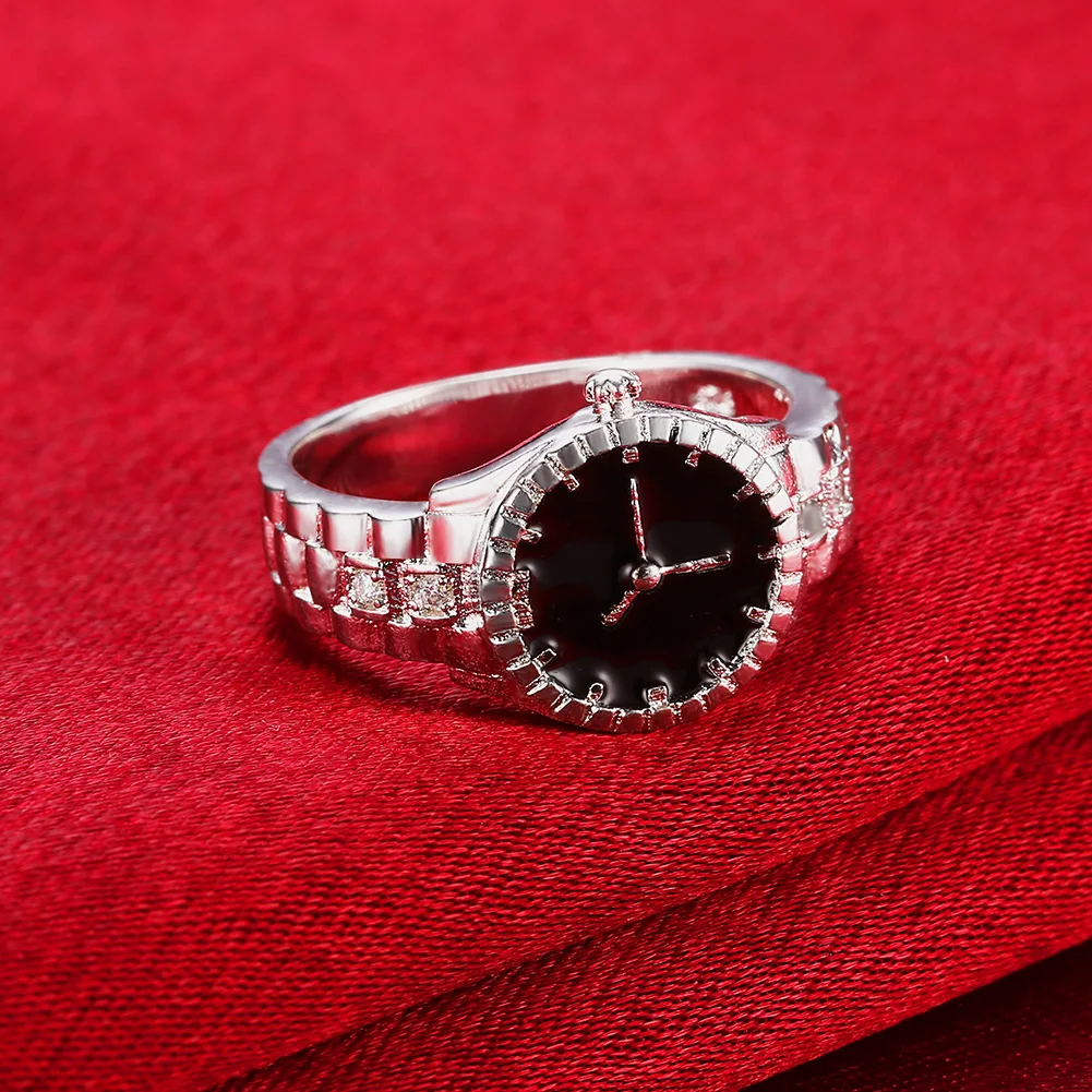 Street Fashion 925 Sterling Silver Fine Crystal Black Watch Rings For Women Men Elegant Charm Party Wedding Luxury Jewelry Gifts