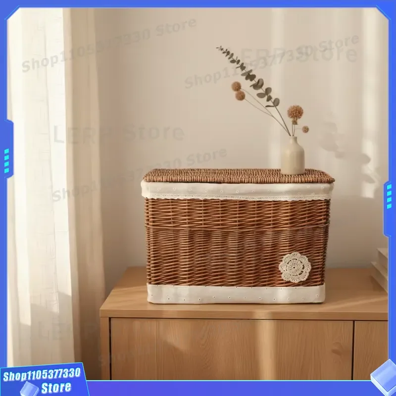 Natural Rattan Wicker Storage Box With Lid Handmade Basket For Home Decor Living Room Organizer Rectangular Container