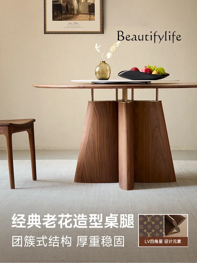 N17 Black Walnut Round Dining Table Household Solid Wood Large Round Table Restaurant Rock Slab Rotating Disc Table