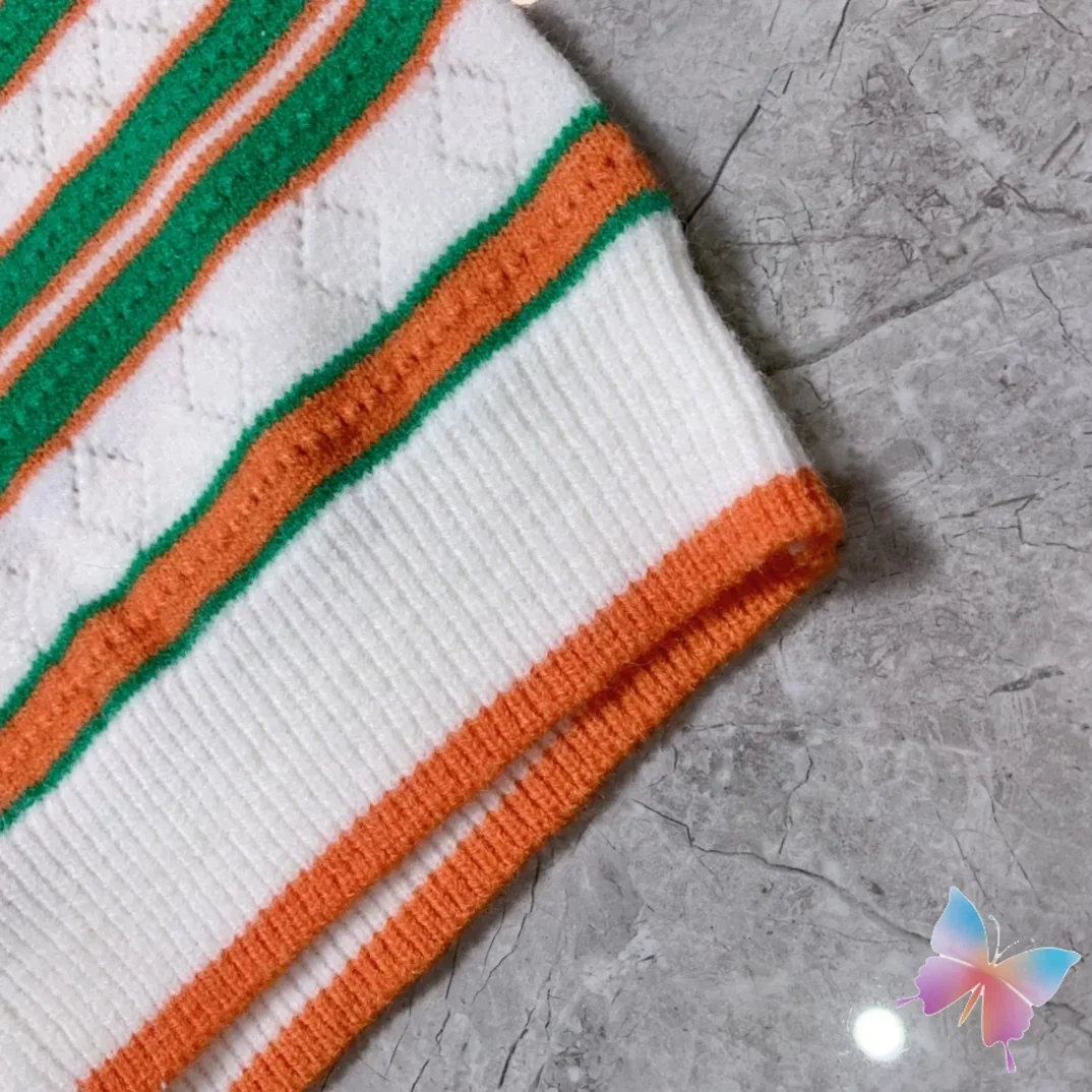 Winter Men Women Sweater Orange Green Striped Rectangular Printed Lapel Knit Long Sleeve Shirts Pearl Buckle Cardigan