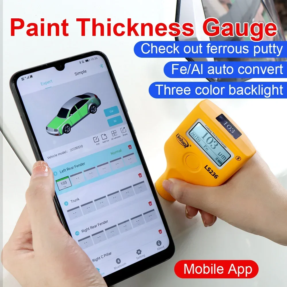 

Car Paint Tester Coating Thickness Gauge LS236 Three-color LCD Dual-screen Identify Galvanized Ferrous Aluminum Metallic Putty