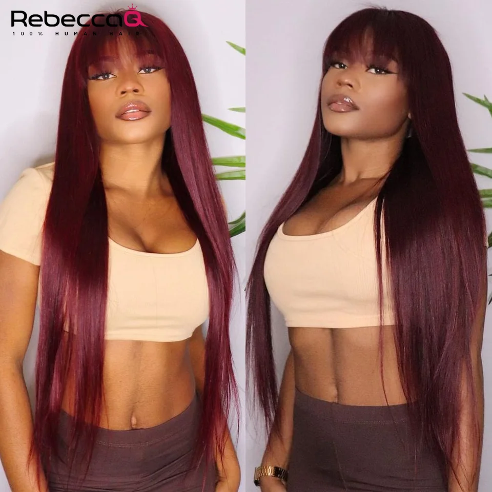 Wear to go 99J Wig Burg Red Bone Straight Human Hair Wig With Bangs For Women Brazilian Remy Hair Colored Halloween Cosplay Wigs - Image 3