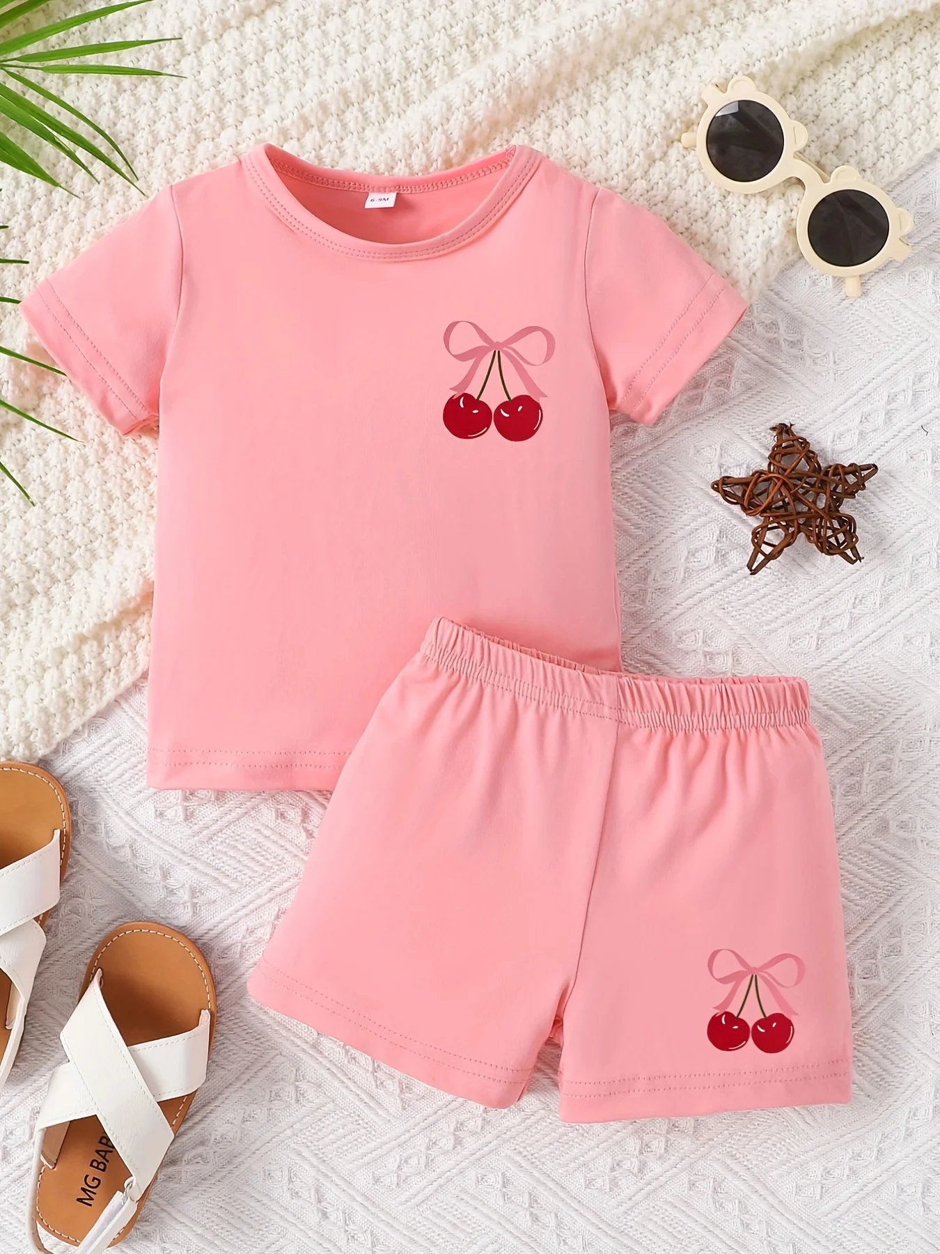 All-Pink Cherry Bow Set - Soft Sweet Girls’ Vitality Girl-Style Daily Summer Outfit