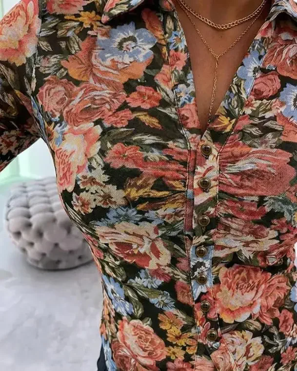 

Female Vintage Oil Painting Floral Print Turn-Down Collar V-Neck Button Front Shirt Slim Long Sleeve Ruched Sheer Mesh Blouses