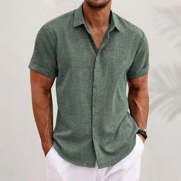 Men's Fashion Casual Solid Color Shirts Button Linen Cotton Short Sleeve Formal T-Shirt Male Basic Lapel Thin Tops Daily Wear