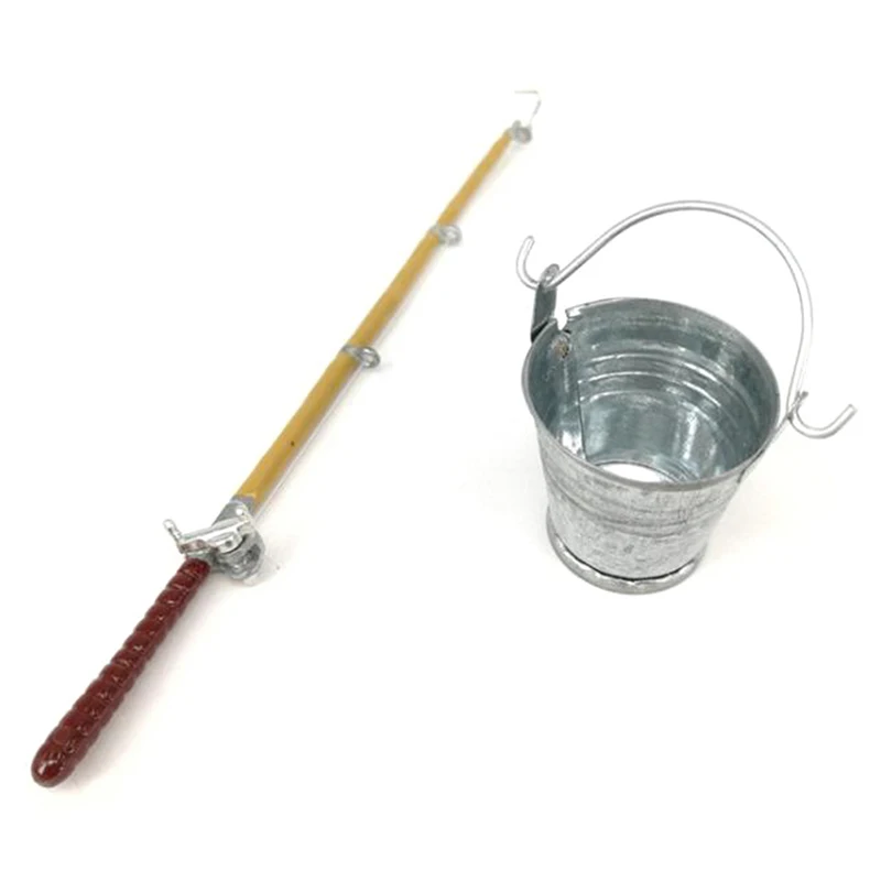 2Pcs/set 1:12 Dollhouse Miniature Metal Fishing Rod Model + Water Bucket
