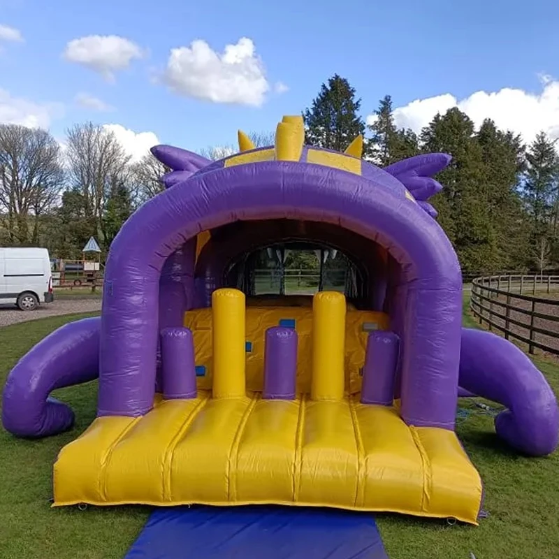 Large Inflatable Obstacles For Outdoor Activities Include A Slide And A Matching Blower