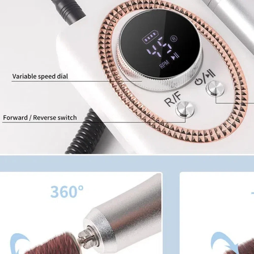 Máquina de broca elétrica portátil recarregável 45000rpm com display lcd cortador de manicure para lixa de unhas acrílicas