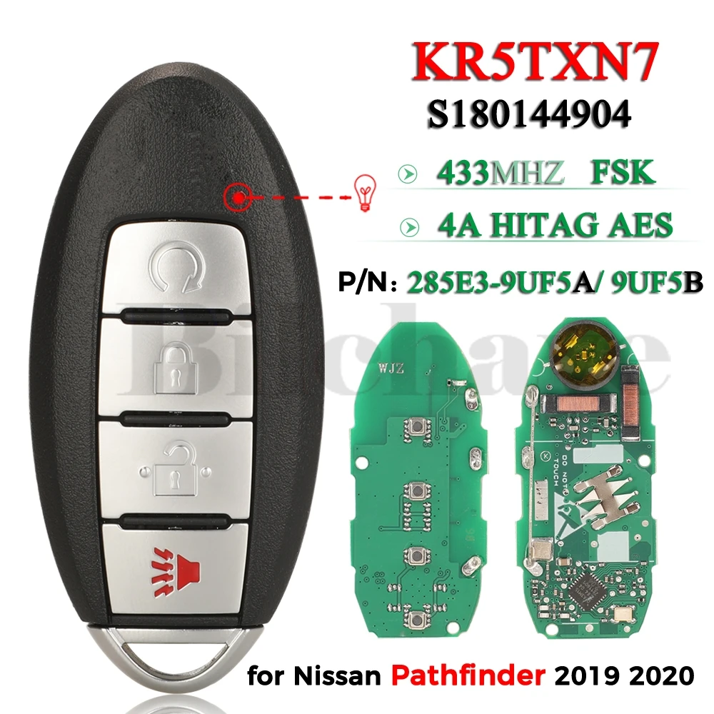 jingyuqin S180144904 KR5TXN7 Smart Remret Key for NISSAN Pathfinder 2019 2020 433MHz 4A HITAG AES Chip 4Button 285E3-9UF5B/9UF5A