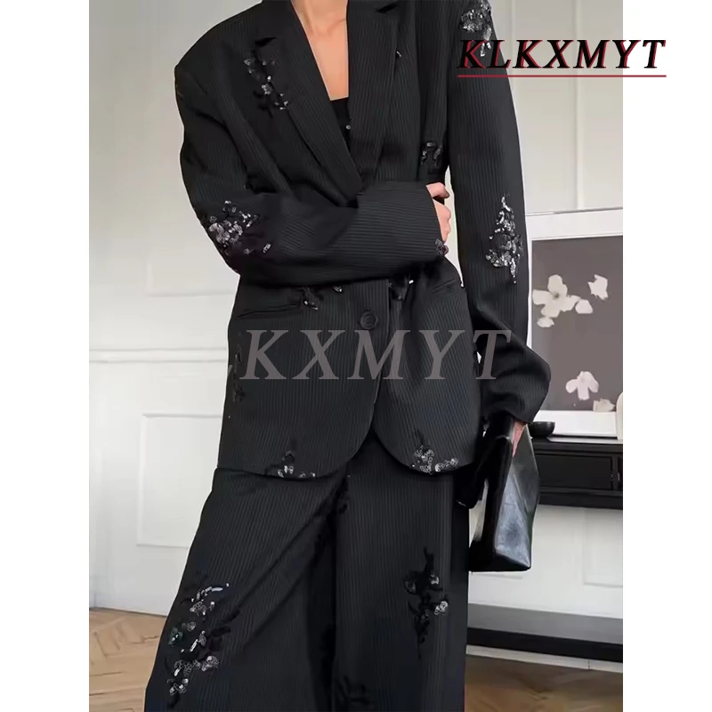 

Black Sequin Embroidery Blazer 2 Piece Set Women Chic Full Sleeve Lapel V-neck Loose Wide Leg Pants Suit Lady Spring Autumn Wear