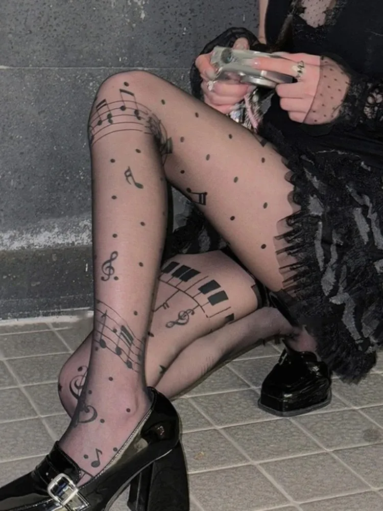 New Cute Musical Note Print Long Socks Silk Stockings Lolita Sweet Personalized Sheer Tights Women Sexy Thin Bottomed Pantyhose