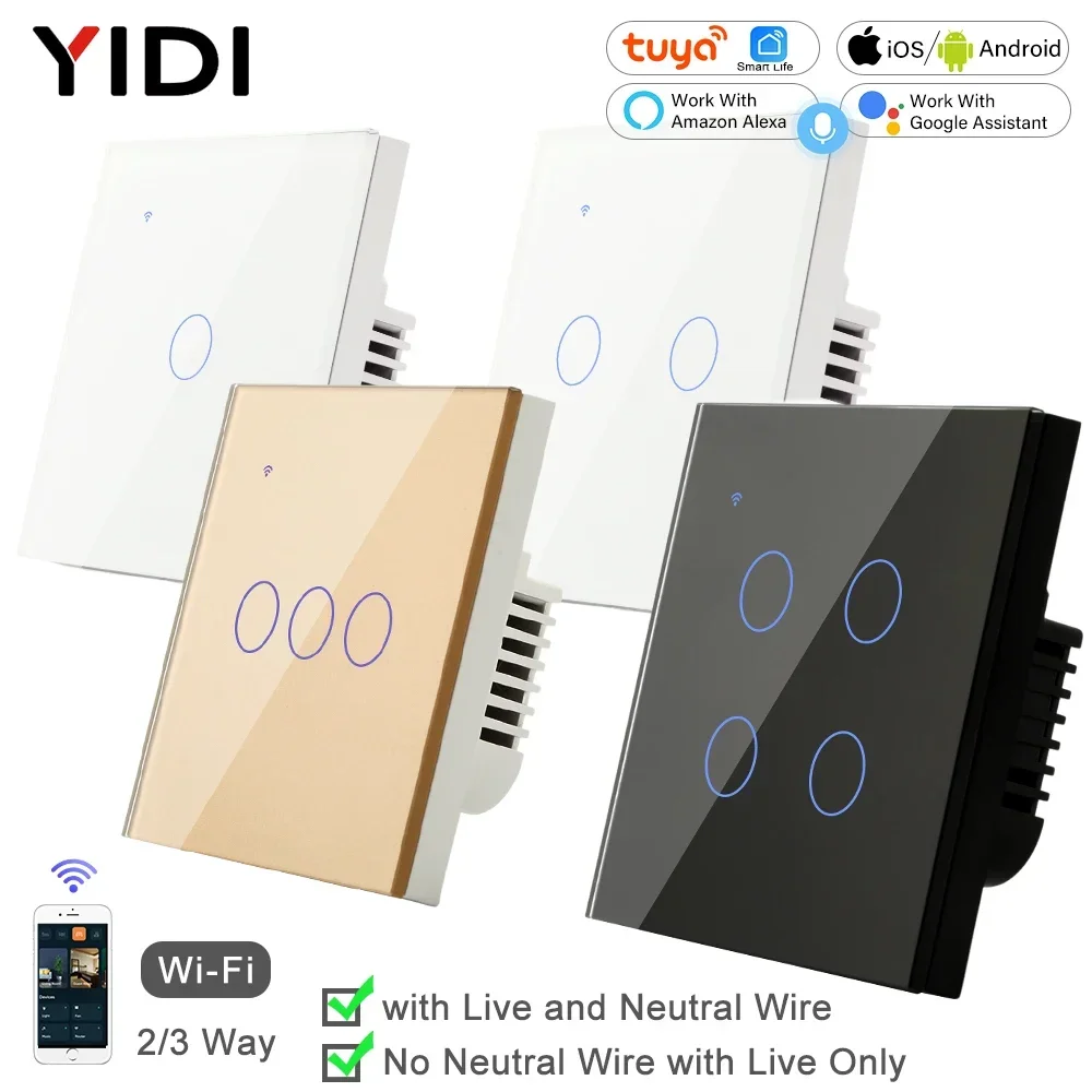 Tuya WiFi Smart On Off Light Switch 220V Power Button Wall Touch Alexa Google Home Voice With Without No Neutral Wire EU Two Way