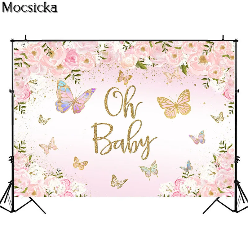 Mocsicka Happy Birthday Party Backdrop Pink Flower Butterfly Baby Bday Background Cake Table Decoration Props Newborn Photocall