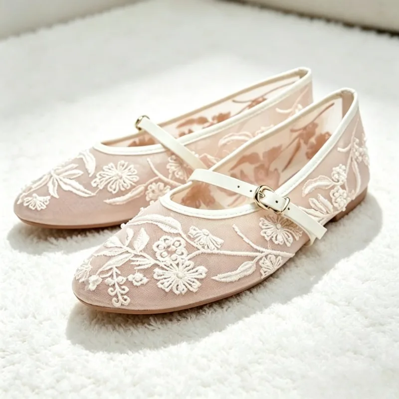 Mesh Embroidery String Bead Brand Women Ballet Flats Fashion Buckle Breathable Mary Jane Shoe Comfort Low Heel Soft Flat Sandals