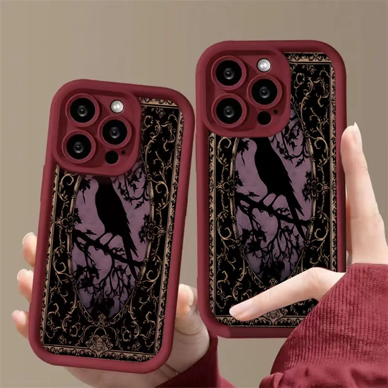 Aesthetic Black Crow Pattern Wine Red Phone Case for iPhone 16 E15 14 13 12 11 Pro Max Mini XS X XR 7 8 Plus Shockproof Cover - view 5