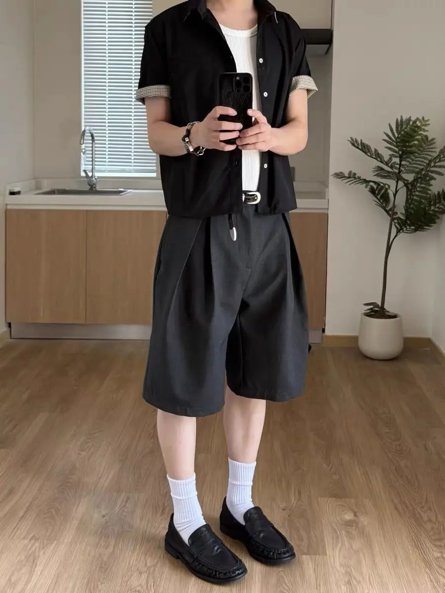 Men's Commuting Style Five Quarter Shorts Cropped Pants Summer Boys Wide Leg Casual Bottom Male High Waist Half Trousers