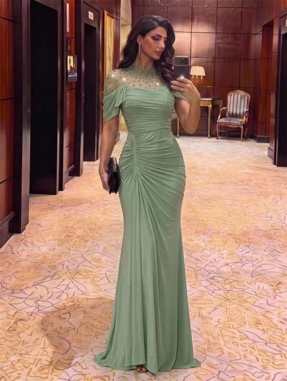 Olive Drab Matching Sparkle Chiffon Pleat Pearl Crystal Mermaid O-Neck Floor-Length Evening Dresses Customized Robes De Soirée